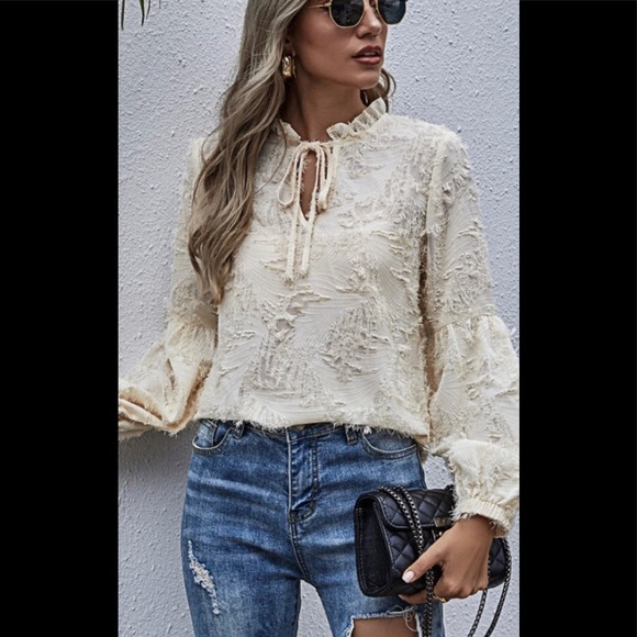 NEW! TIÈ NECK FRILL DISTRESSED APRICOT BLOUSE - Picture 3 of 9